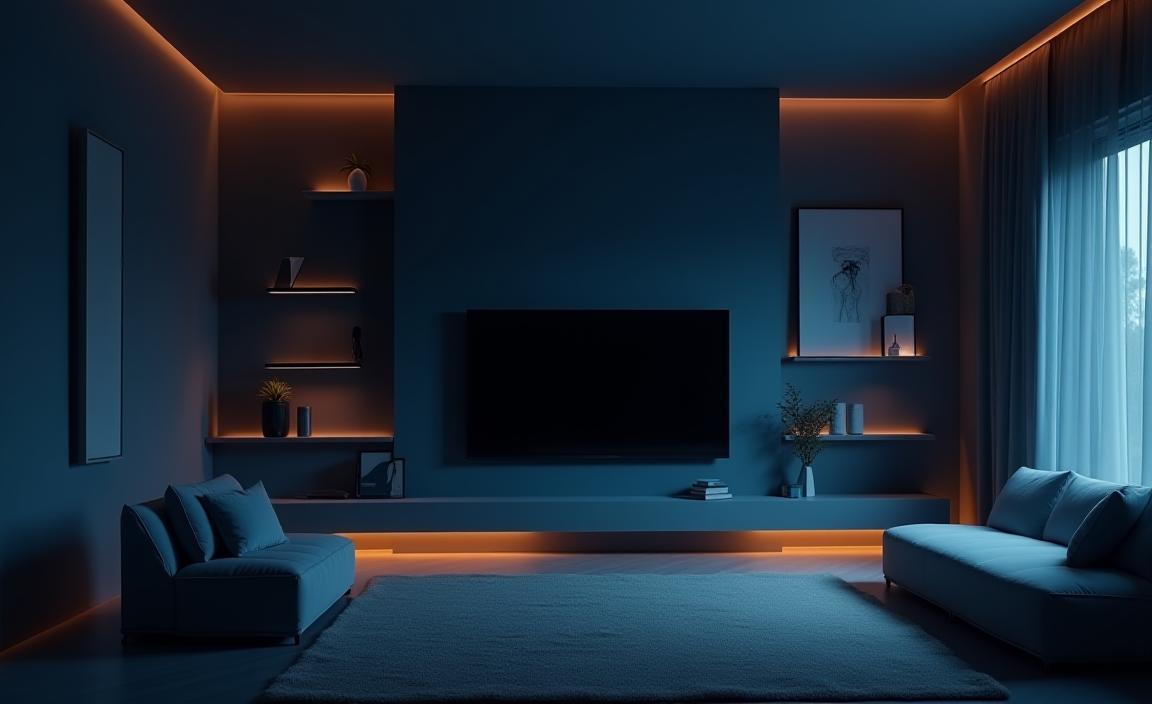 Futuristik bir salonda akıllı TV, şık ve minimalist dekor ile, loş ambiyans ışıkları